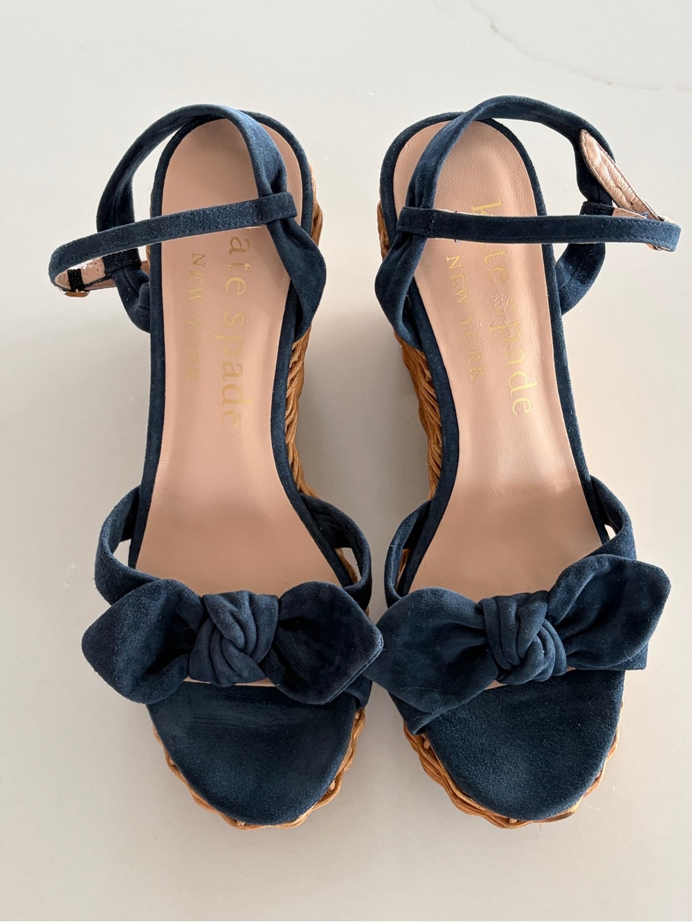 Kate Spade New York Navy Blue Suede Bow Wicker Wedge Espadrille Sandals Size 9 - Picture 3 of 16